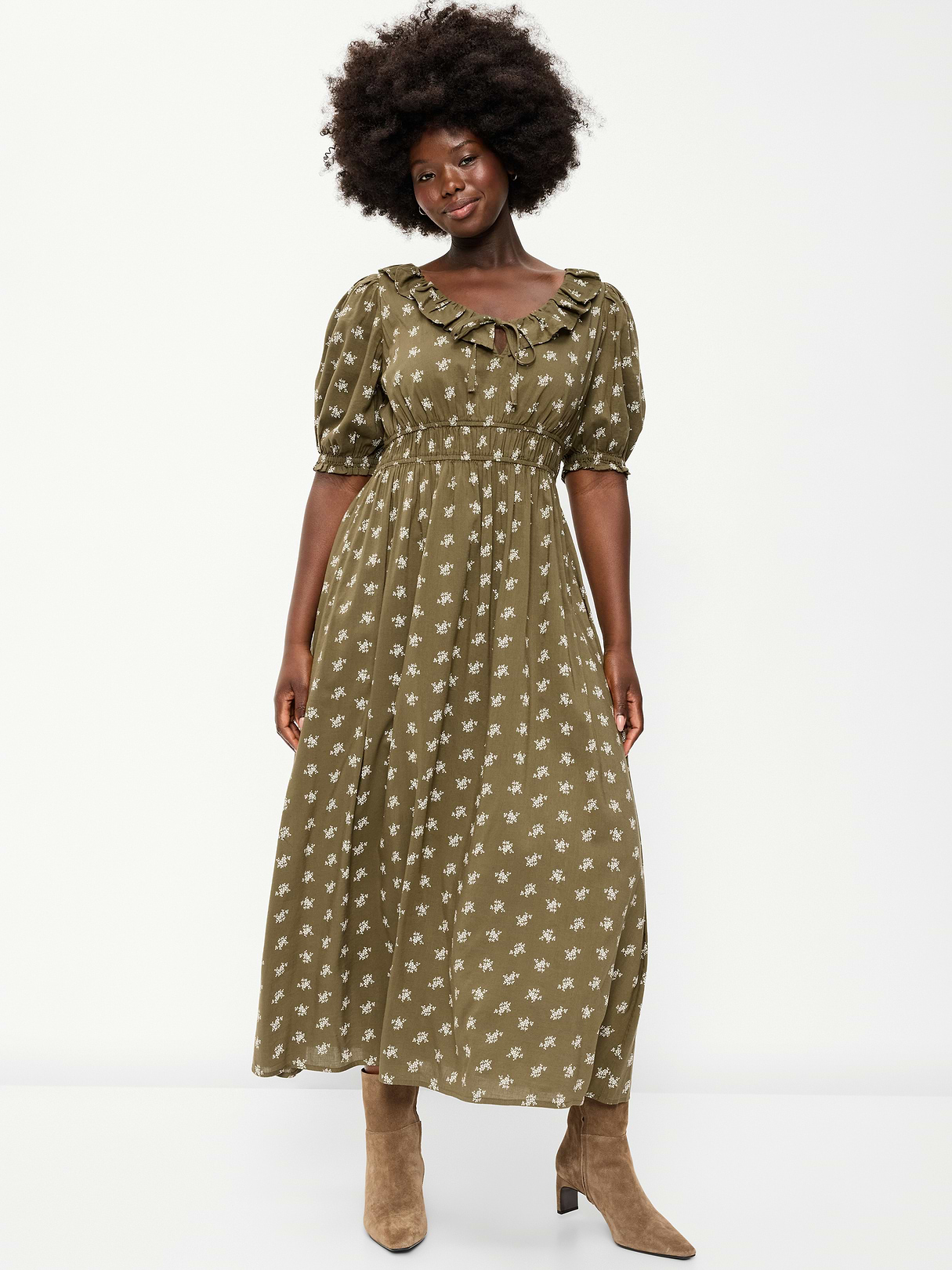 Ruffle-Collar Boho Maxi Dress - Green Floral