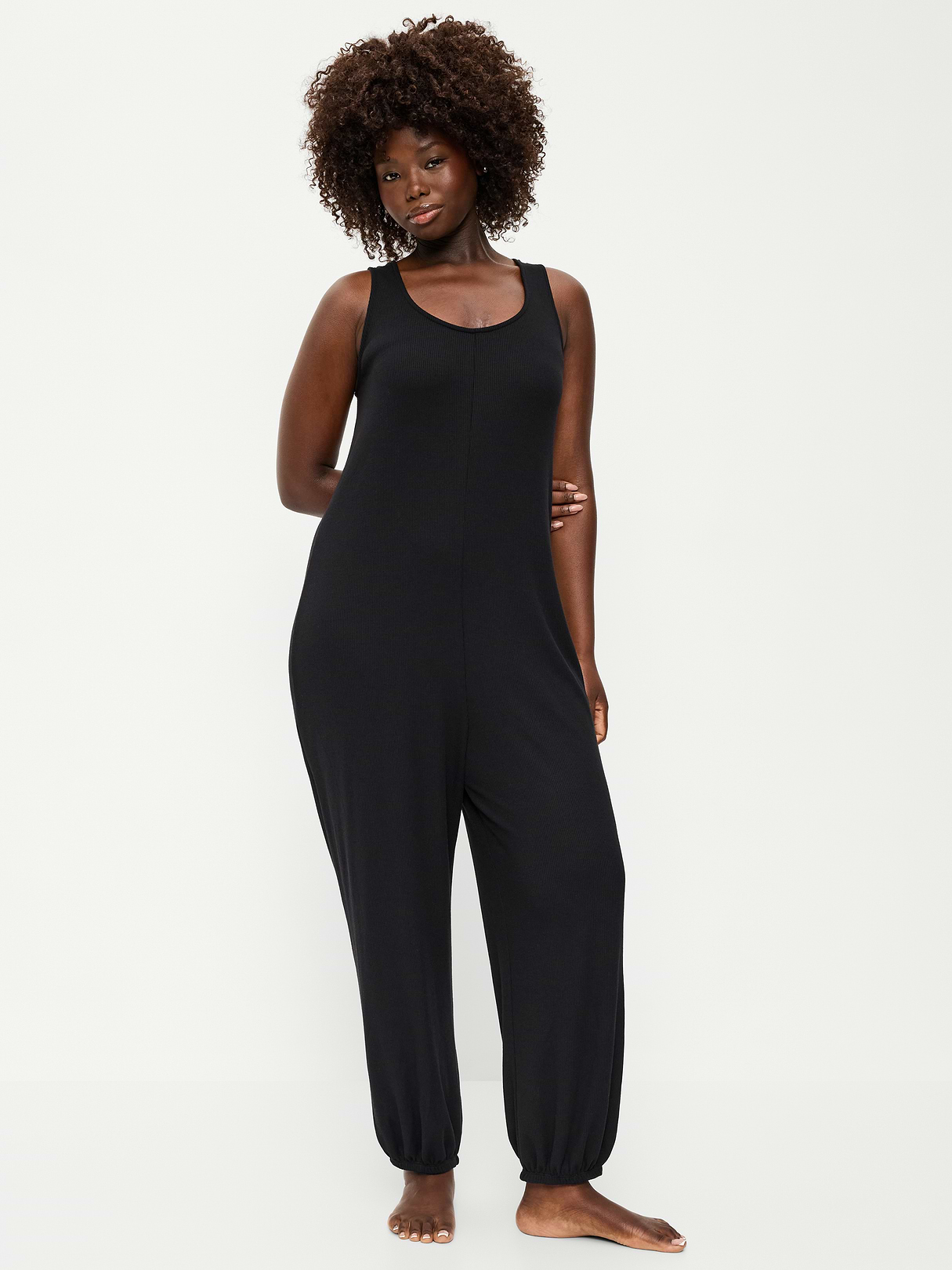 Waffle-Knit Harem-Leg Pajama Jumpsuit - Black Jack