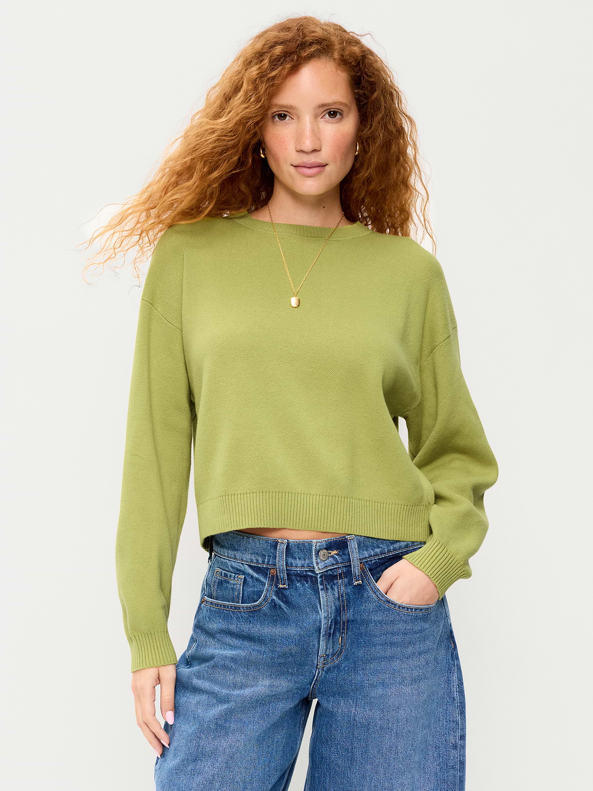 Cotton-Blend Crew-Neck Cropped Sweater - Wasabi