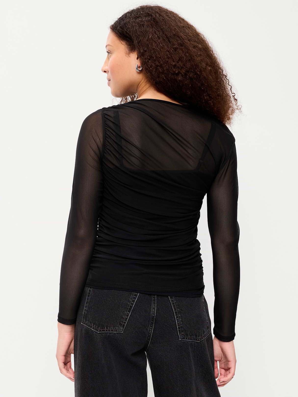 Long-Sleeve Asymmetrical Unlined Mesh Top - Black Jack