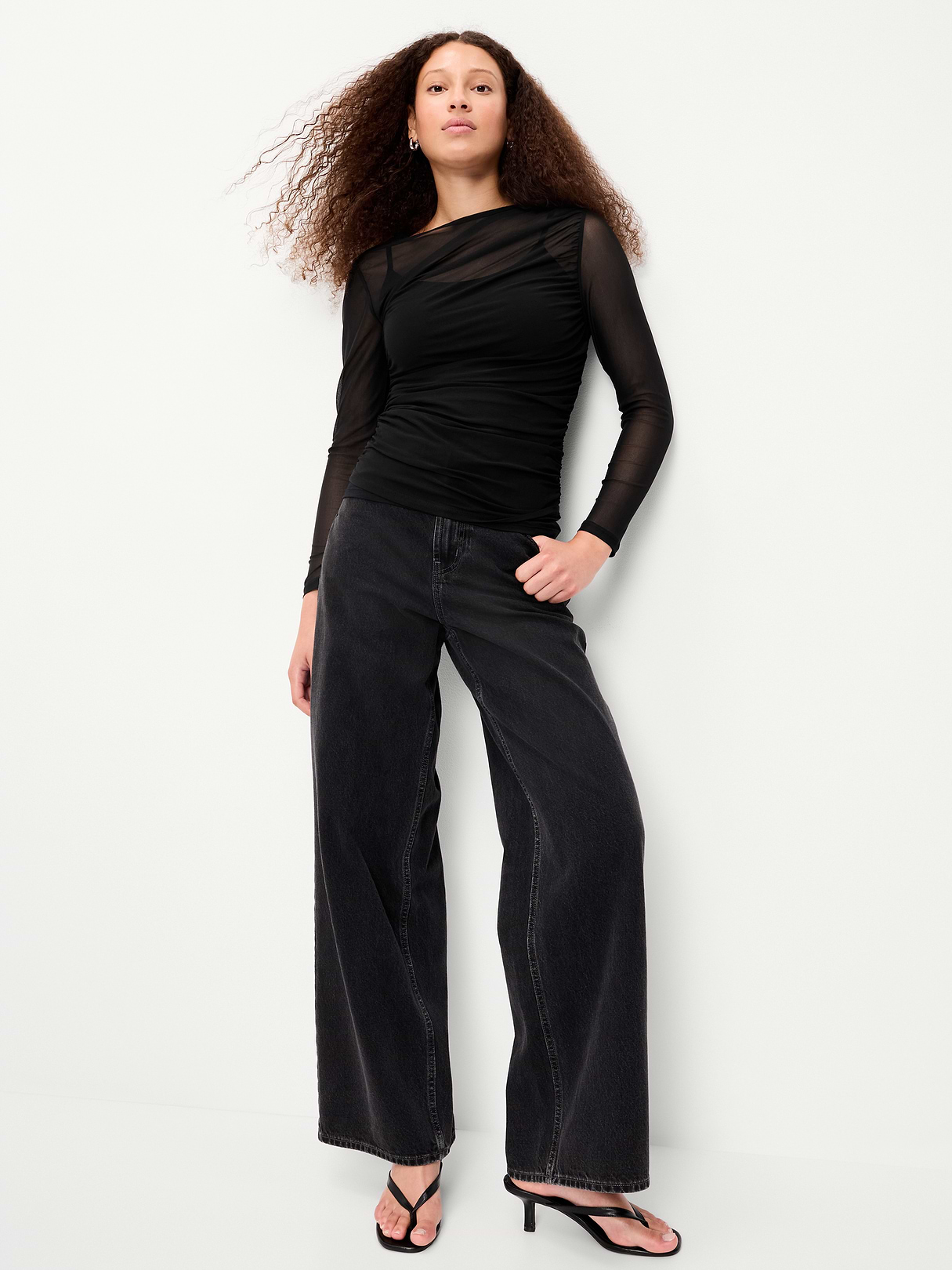 Long-Sleeve Asymmetrical Unlined Mesh Top - Black Jack
