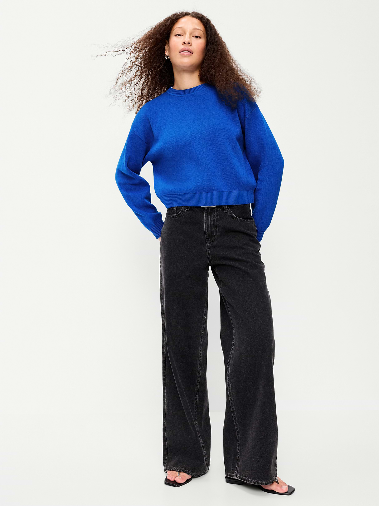 Cotton-Blend Crew-Neck Cropped Sweater - Blue Moon