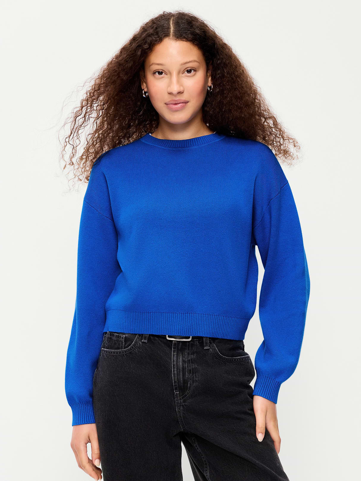 Cotton-Blend Crew-Neck Cropped Sweater - Blue Moon