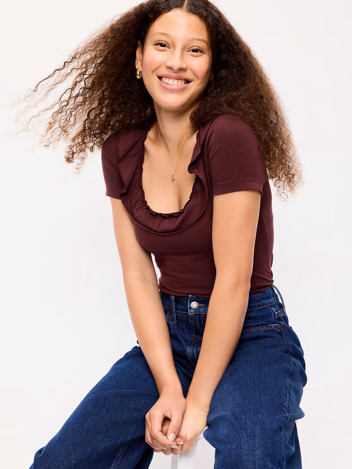 Lettuce-Edge Scoop-Neck Top - Reddy Or Not