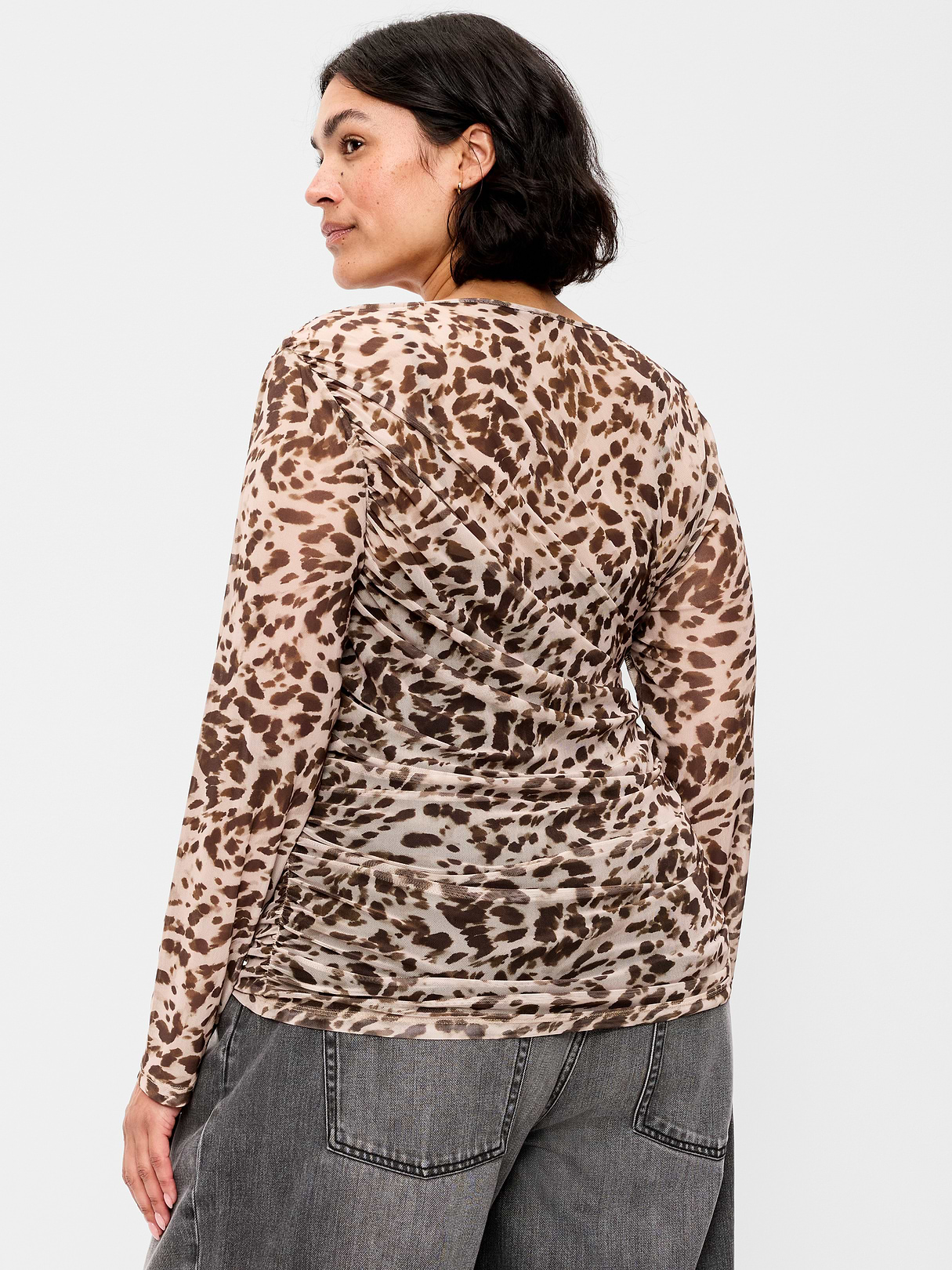 Long-Sleeve Asymmetrical Unlined Mesh Top - Brown Animal