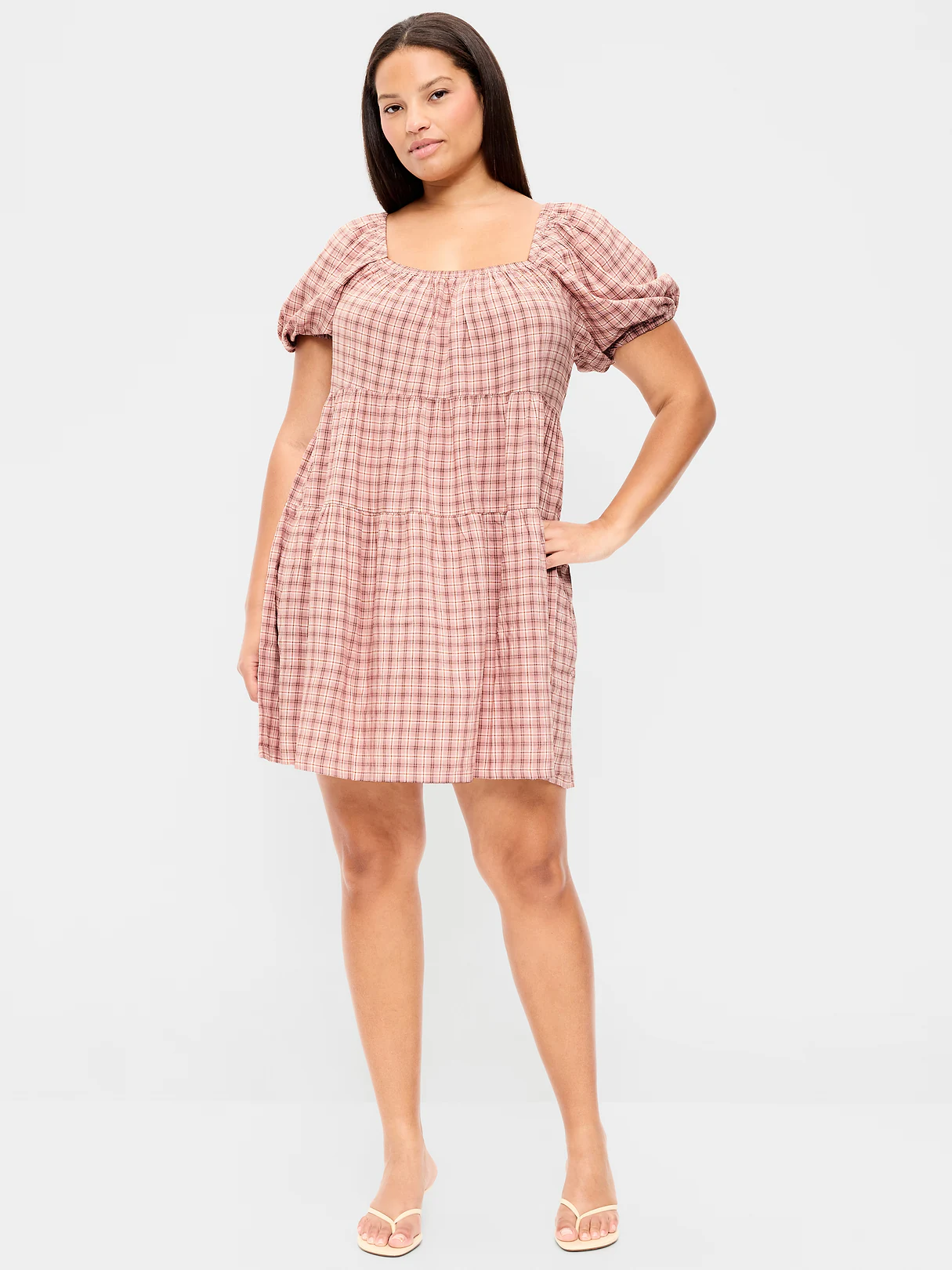 Puff-Sleeve Smocked Mini Swing Dress - Light Pink Plaid