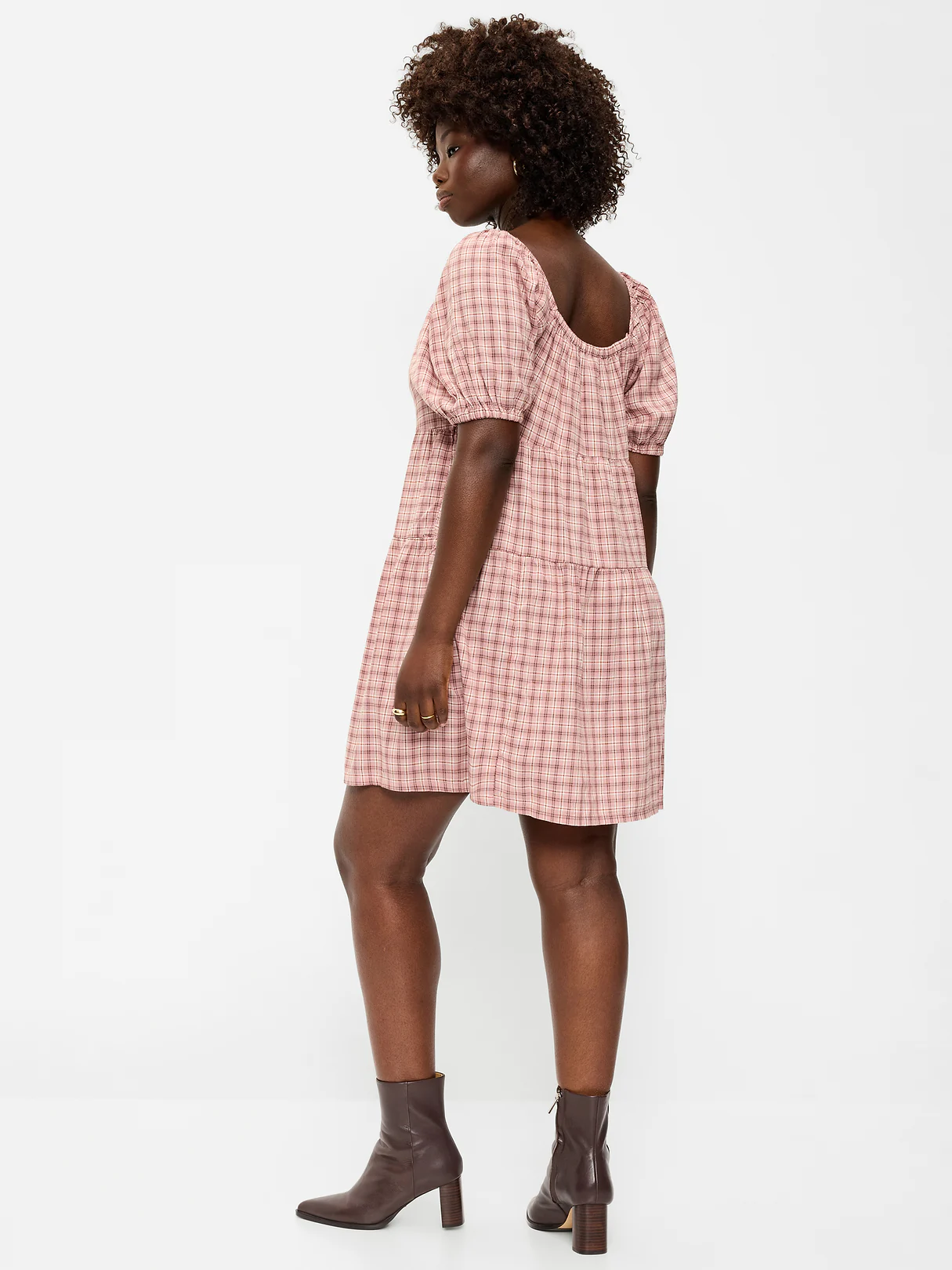 Puff-Sleeve Smocked Mini Swing Dress - Light Pink Plaid