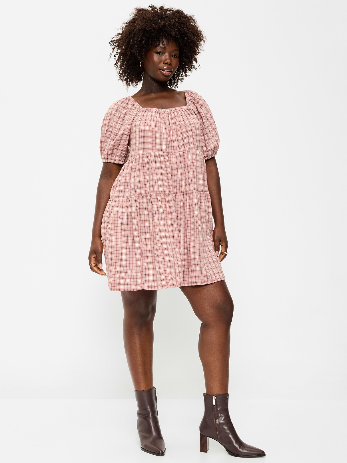 Puff-Sleeve Smocked Mini Swing Dress - Light Pink Plaid