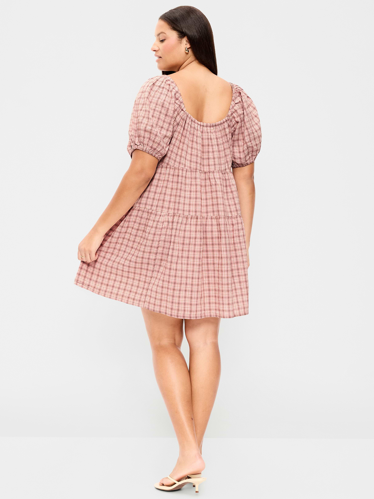 Puff-Sleeve Smocked Mini Swing Dress - Light Pink Plaid