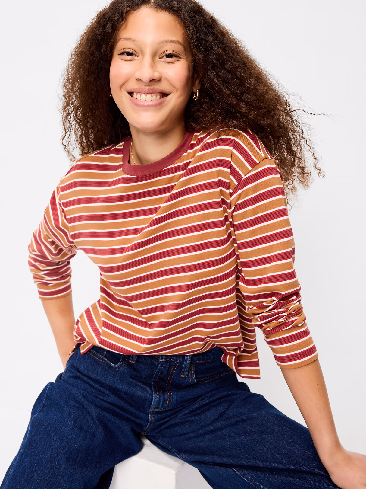 Vintage Long-Sleeve Crew-Neck T-Shirt - Burgundy Stripe