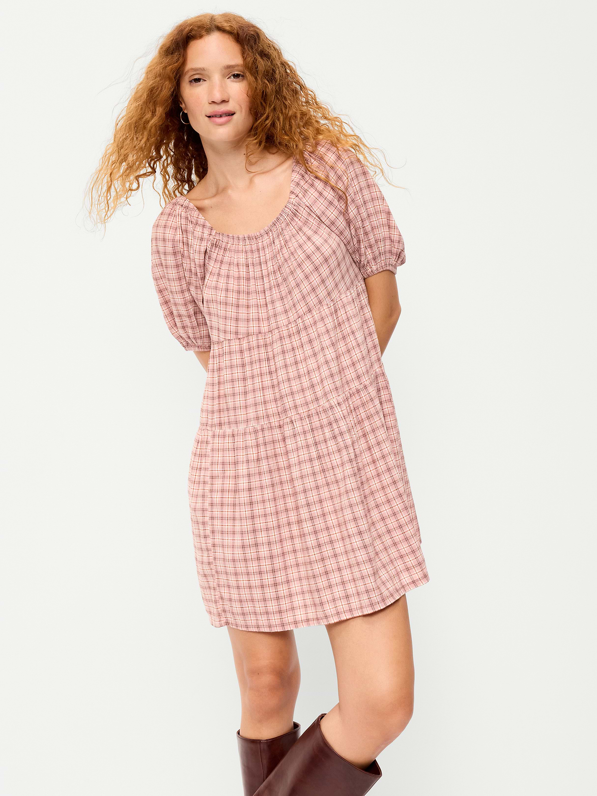 Puff-Sleeve Smocked Mini Swing Dress - Light Pink Plaid