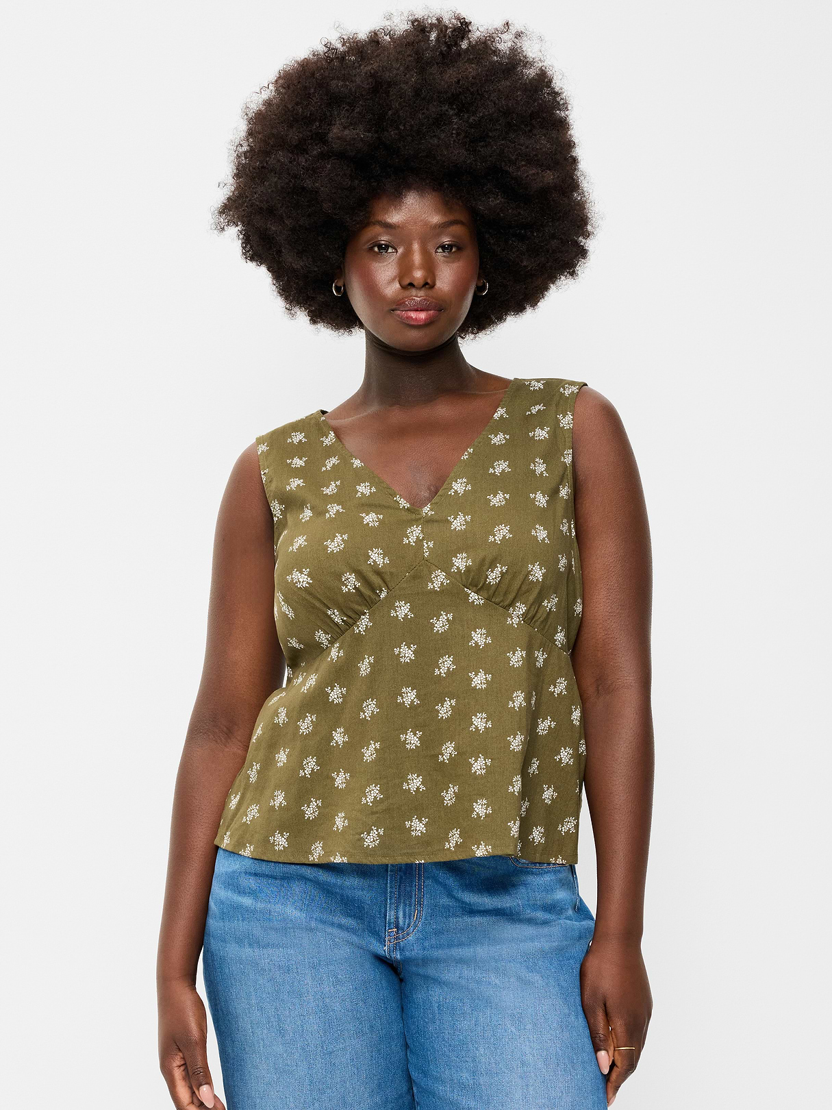 Sleeveless V-Neck Tie-Back Top - Green Floral