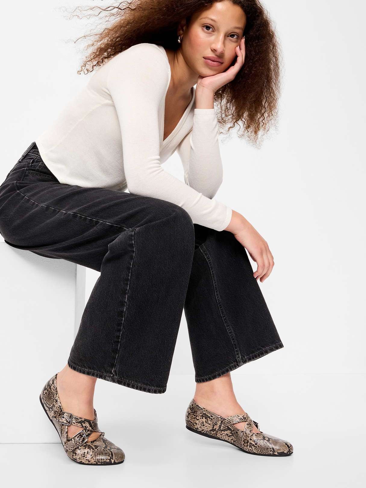 Buckle-Strap Mary Jane Ballet Flats for Women - Snake
