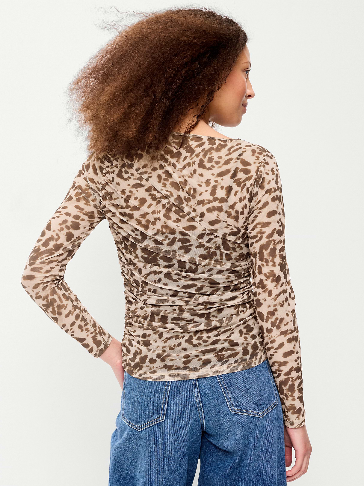Long-Sleeve Asymmetrical Unlined Mesh Top - Brown Animal