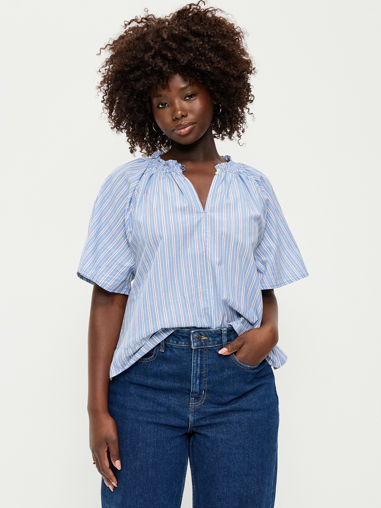 Loose Short-Sleeve Striped Top - Blue Stripe