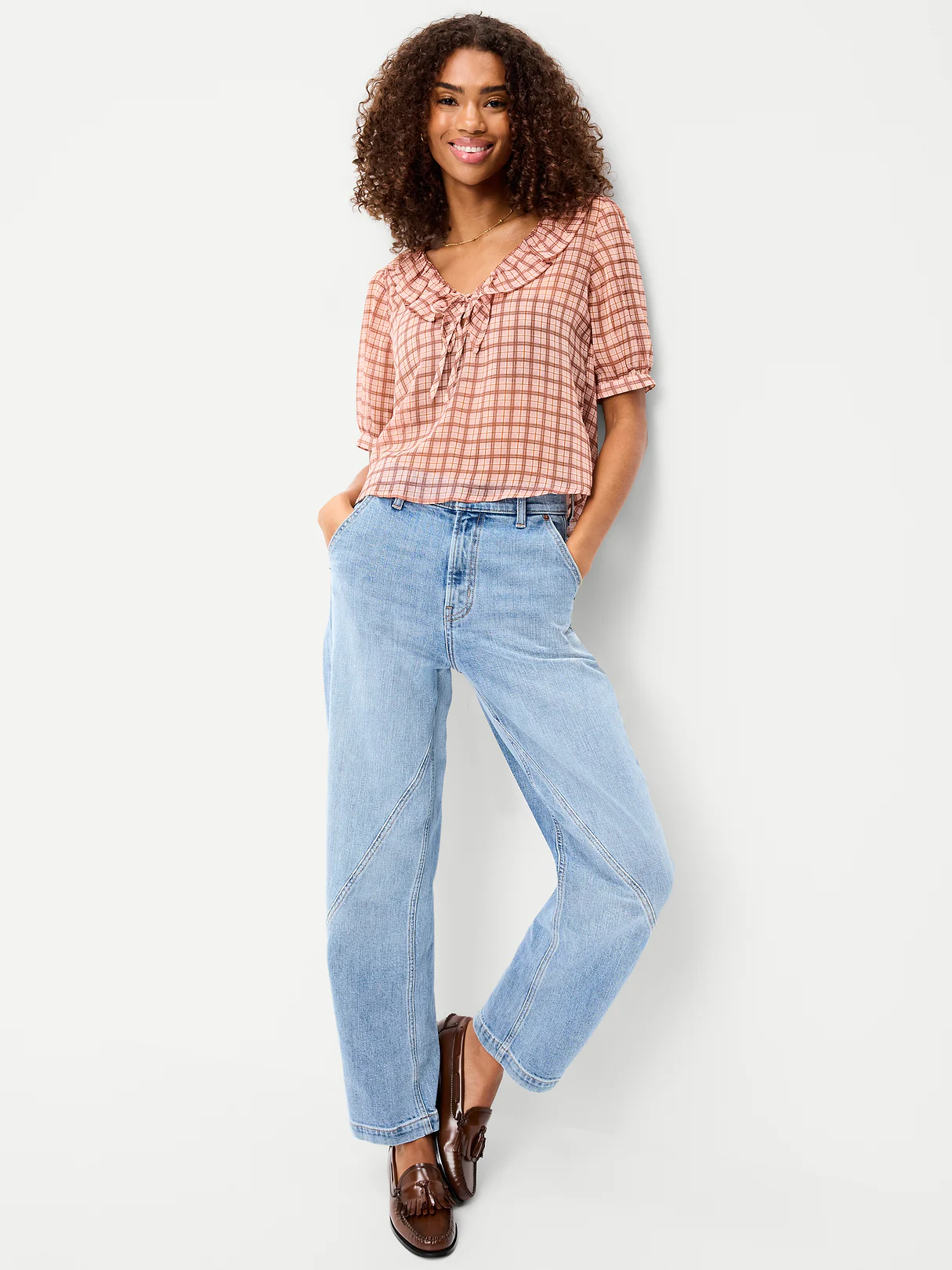 Ruffle Collar Tie-Front Top - Pink Plaid