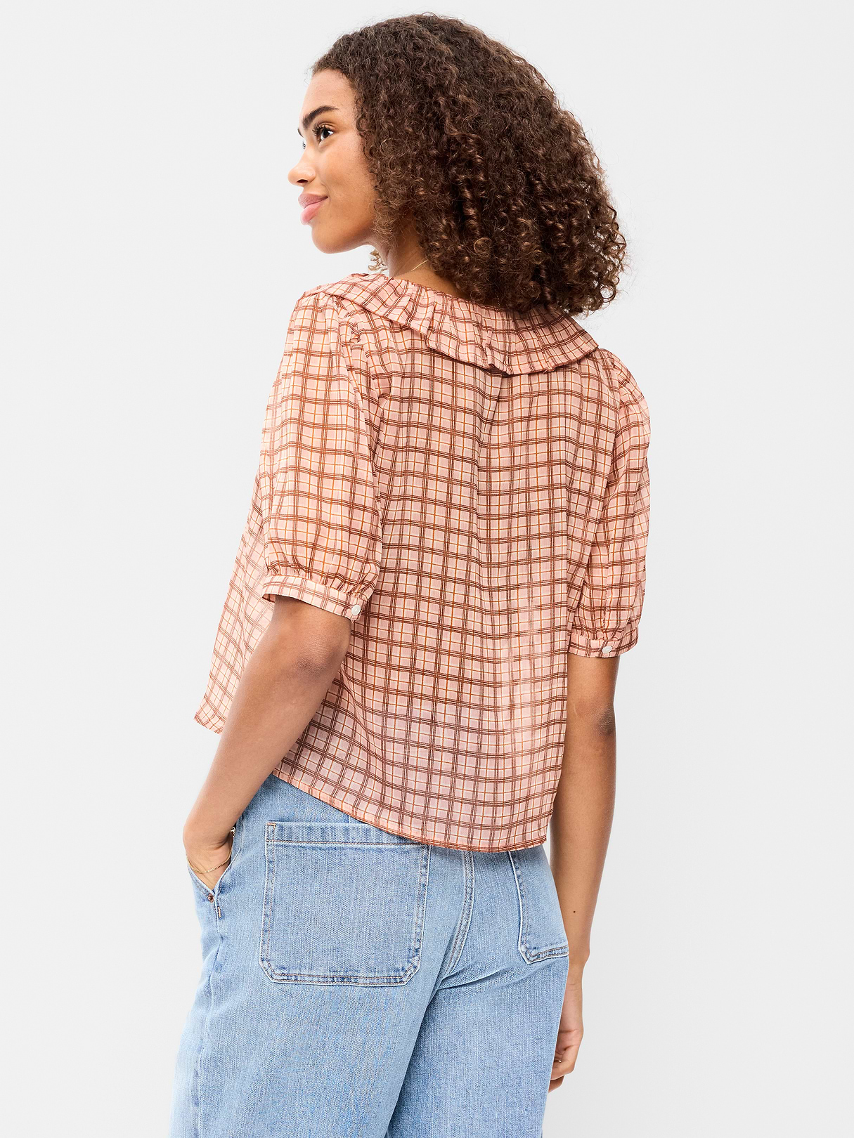Ruffle Collar Tie-Front Top - Pink Plaid