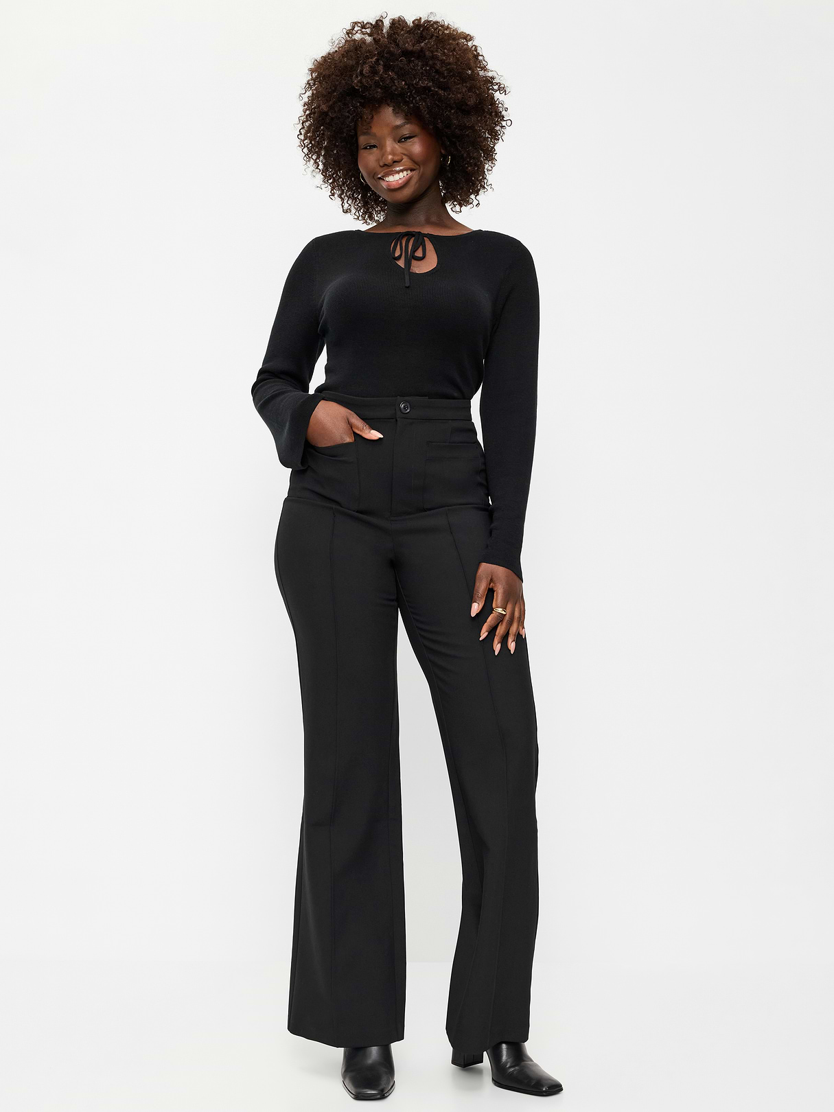 High-Waisted Patch Pocket Flare Pants - Black Jack