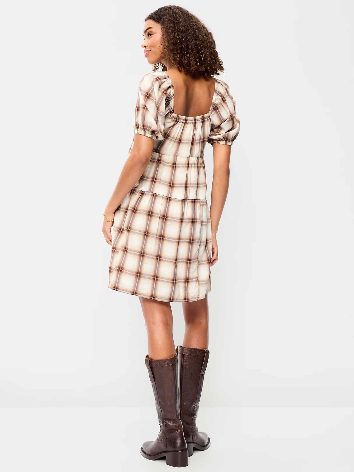 Puff-Sleeve Smocked Mini Swing Dress - Cream/Brown Plaid