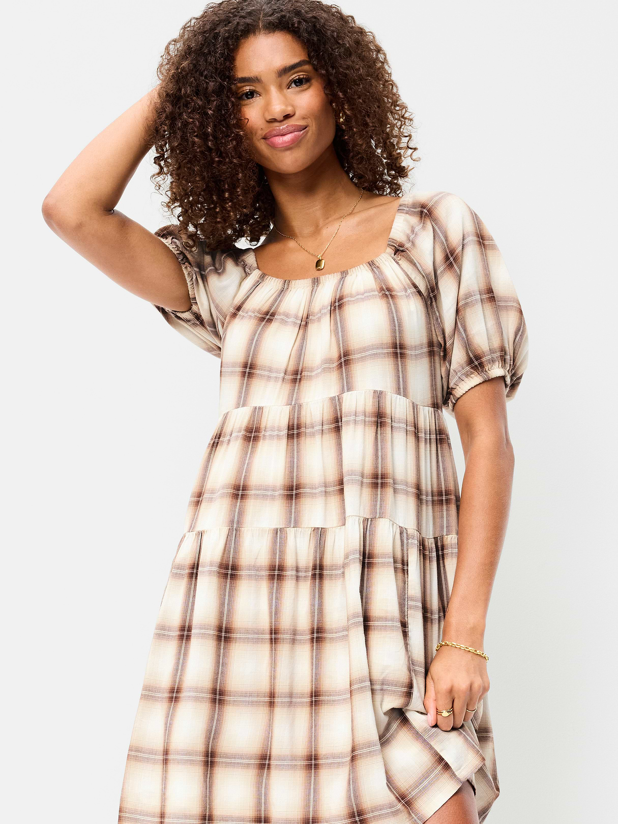 Puff-Sleeve Smocked Mini Swing Dress - Cream/Brown Plaid