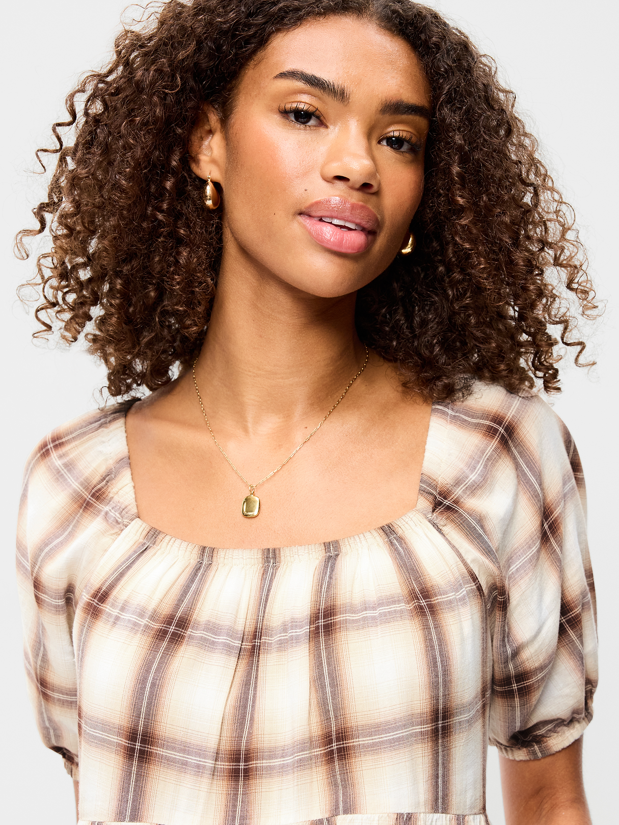 Puff-Sleeve Smocked Mini Swing Dress - Cream/Brown Plaid