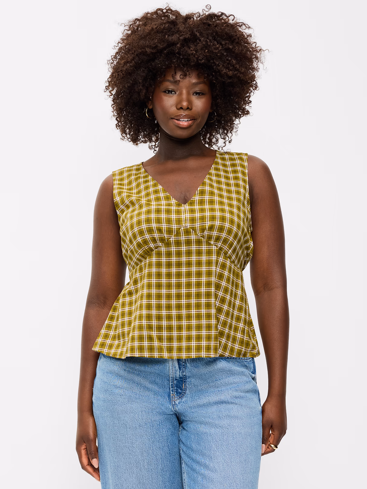 Sleeveless V-Neck Tie-Back Top - Green Plaid