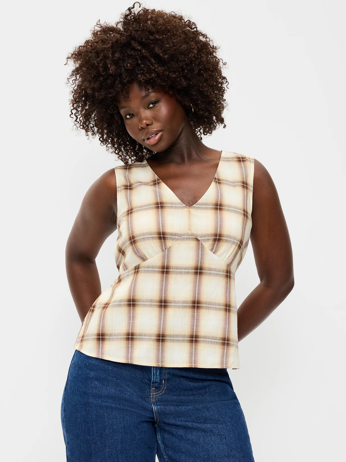 Sleeveless V-Neck Tie-Back Top - Brown Plaid