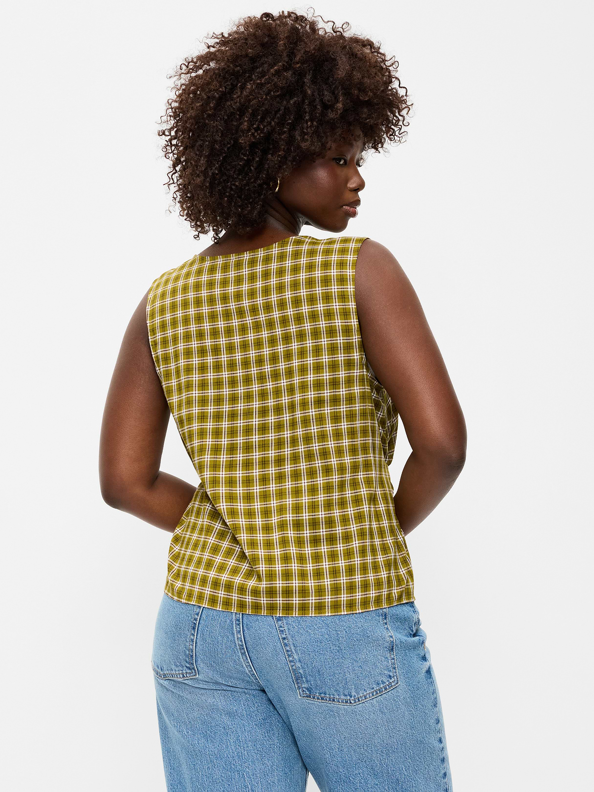 Sleeveless V-Neck Tie-Back Top - Green Plaid