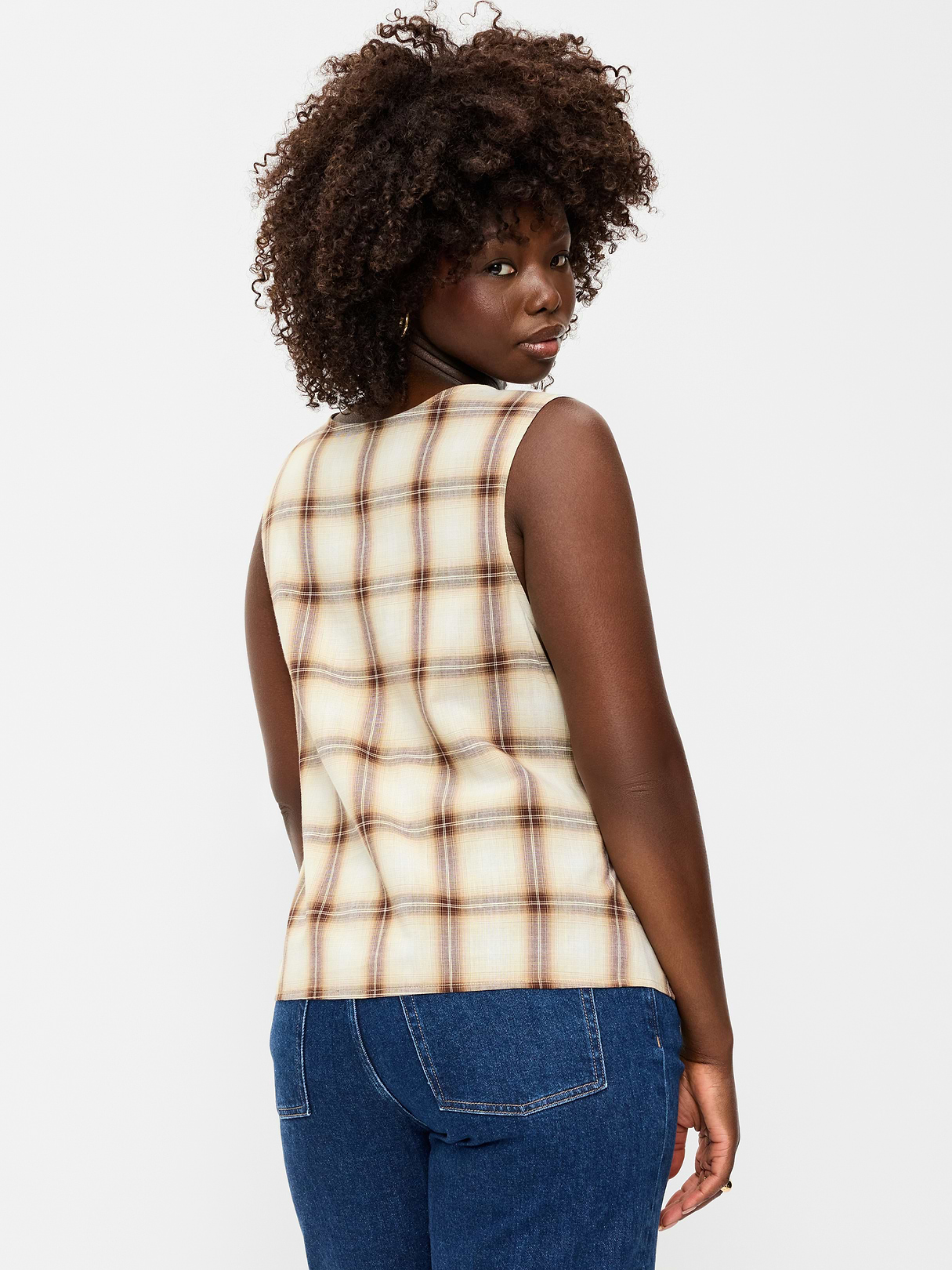 Sleeveless V-Neck Tie-Back Top - Brown Plaid