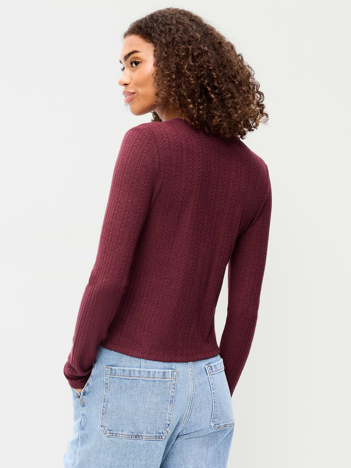 Long-Sleeve Button-Front Cutout Pointelle Top - Red Lacquer