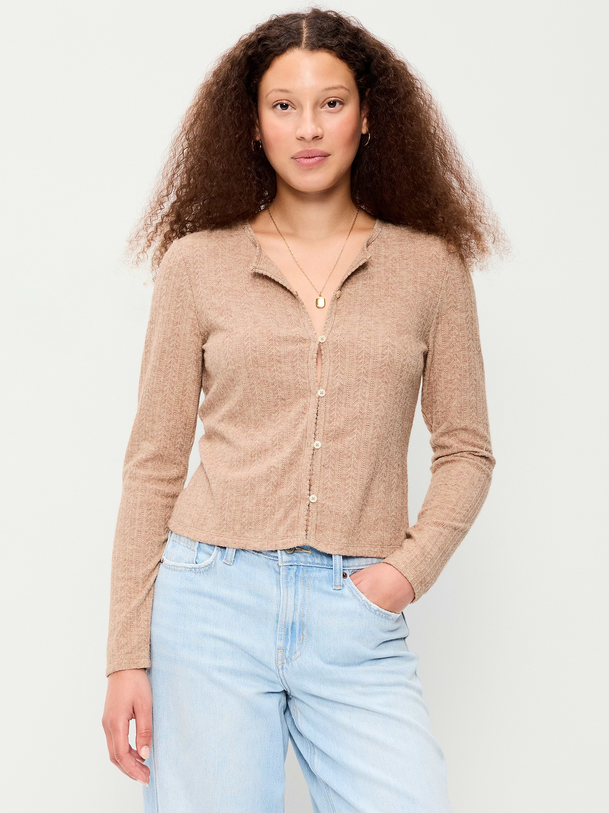 Long-Sleeve Button-Front Cutout Pointelle Top - Oatmeal Heather