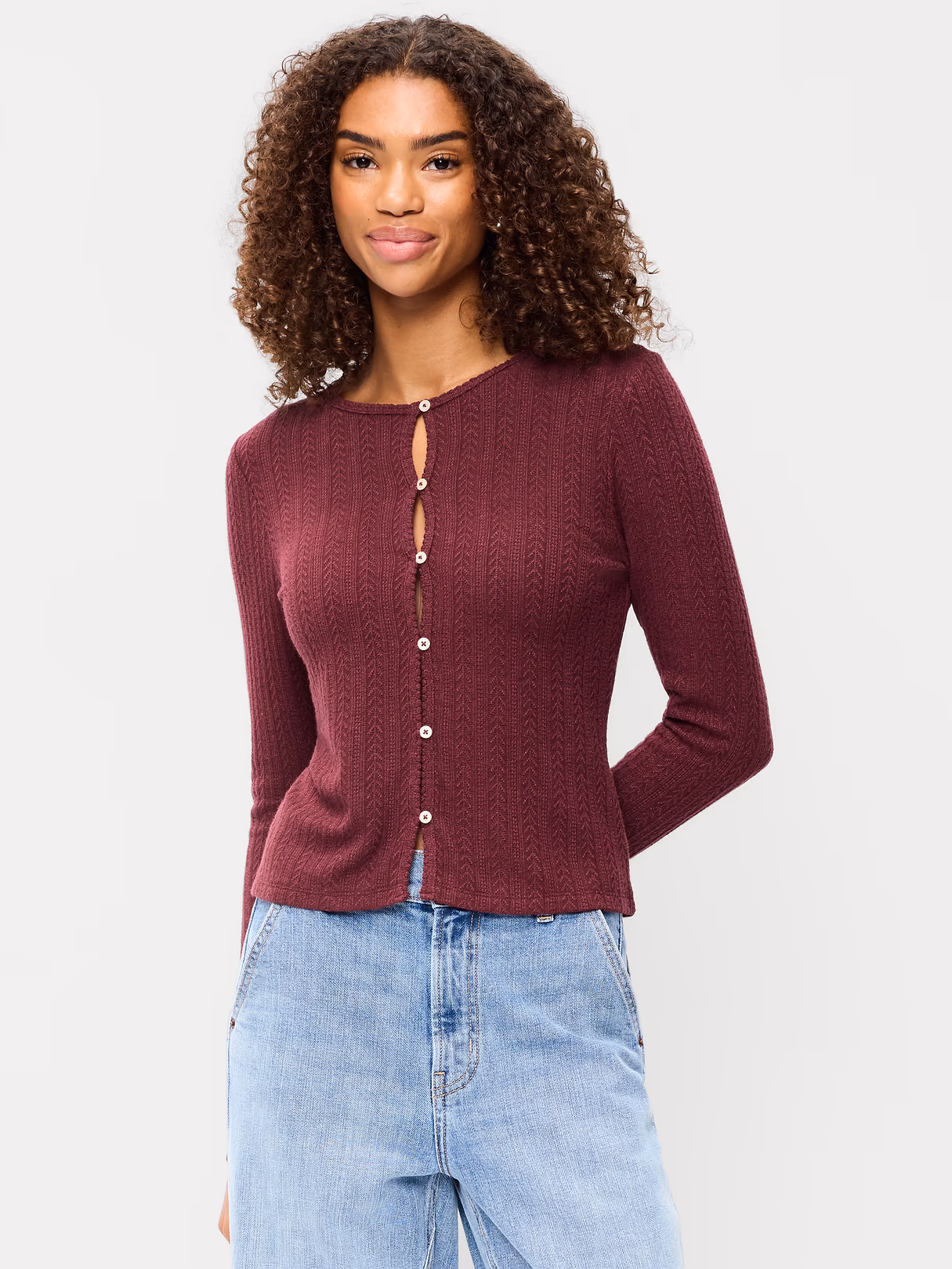 Long-Sleeve Button-Front Cutout Pointelle Top - Red Lacquer