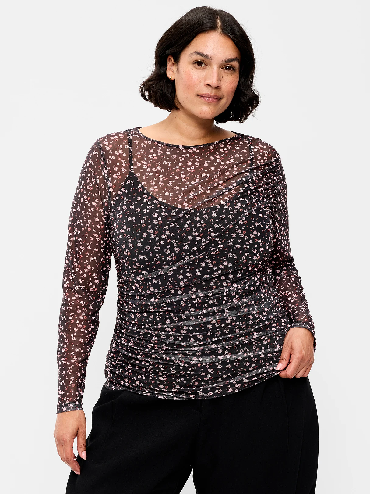 Long-Sleeve Asymmetrical Unlined Mesh Top - Multi-Floral Top