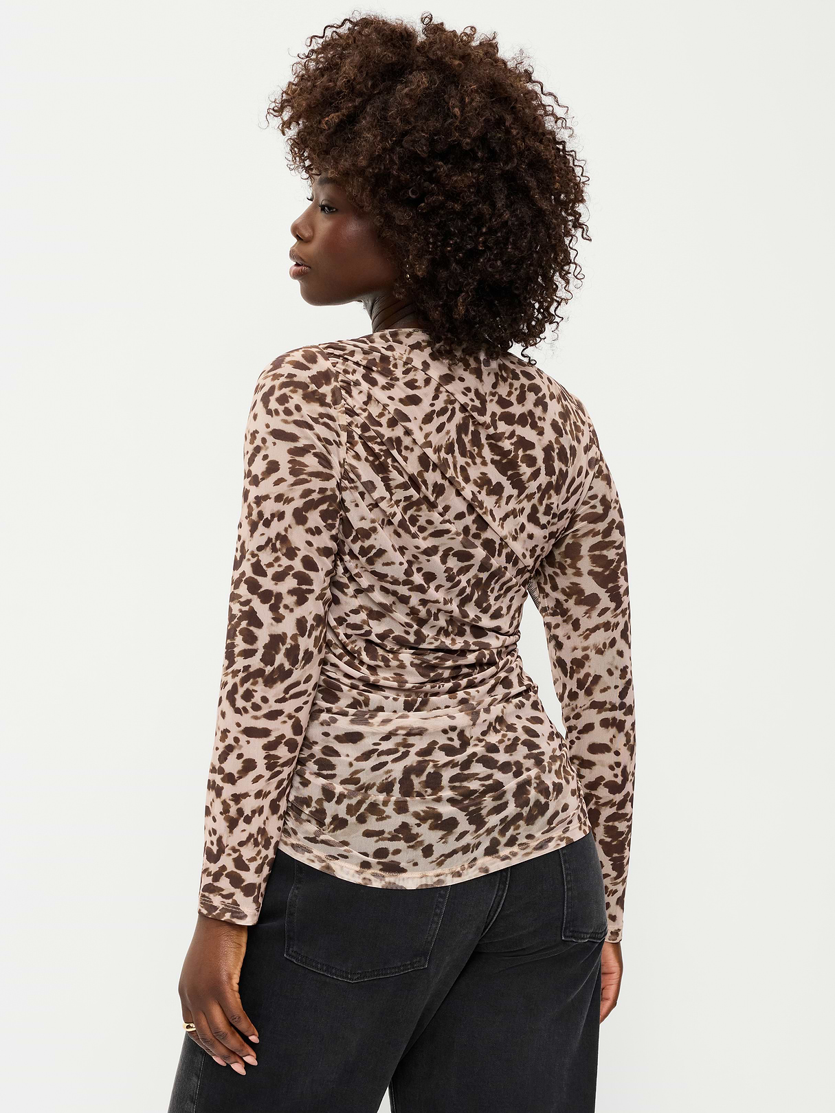 Long-Sleeve Asymmetrical Unlined Mesh Top - Brown Animal