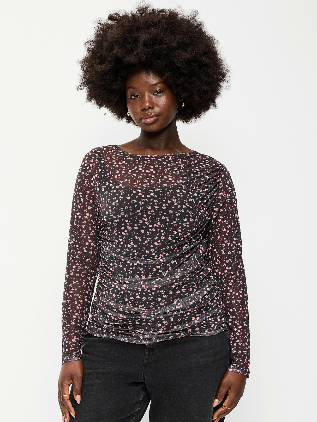 Long-Sleeve Asymmetrical Unlined Mesh Top - Multi-Floral Top