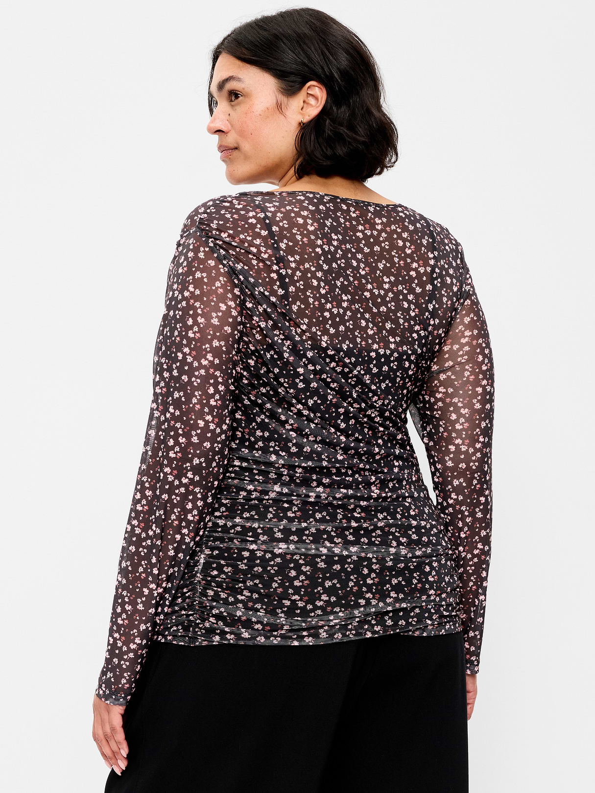 Long-Sleeve Asymmetrical Unlined Mesh Top - Multi-Floral Top