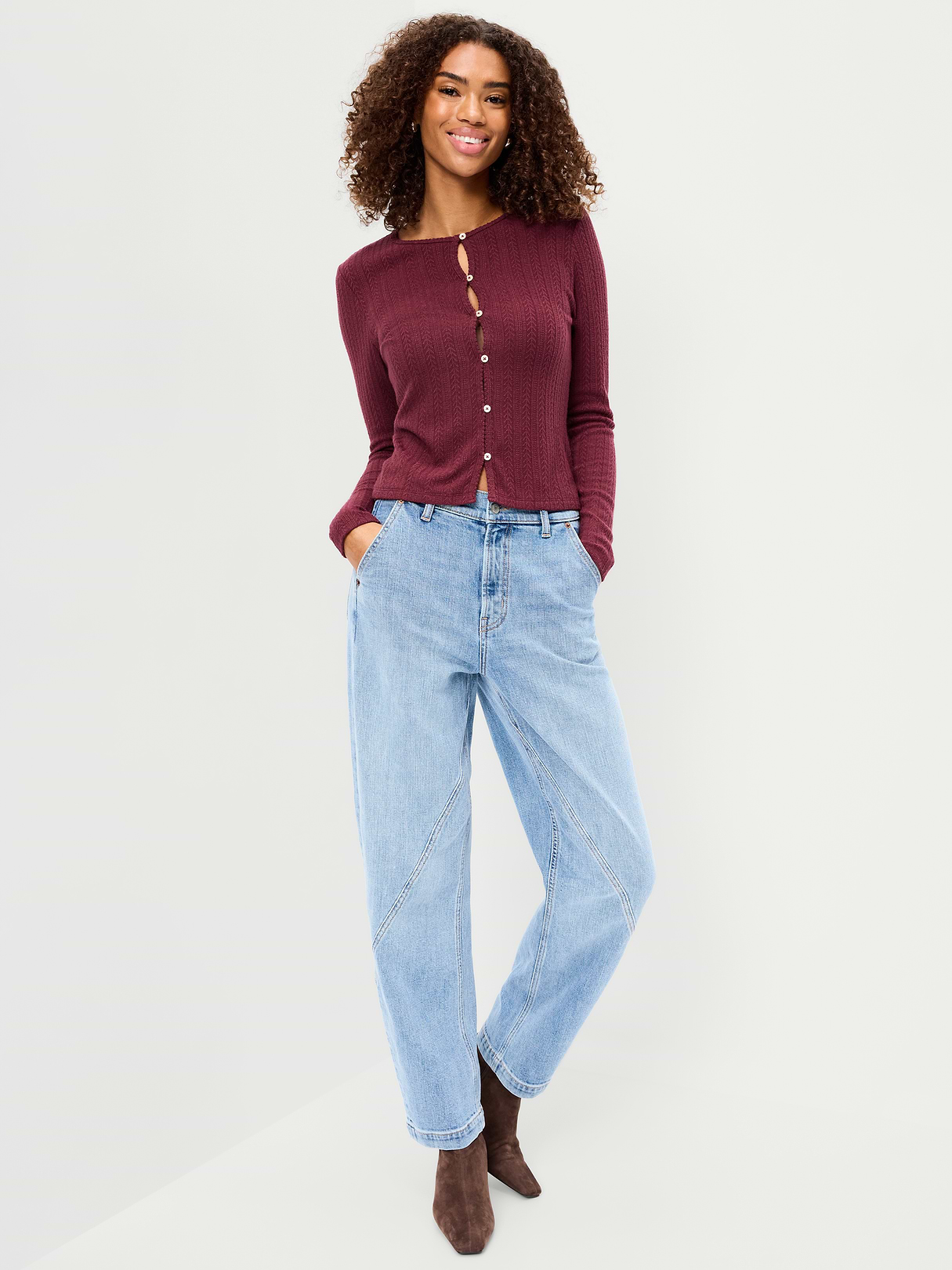 Long-Sleeve Button-Front Cutout Pointelle Top - Red Lacquer