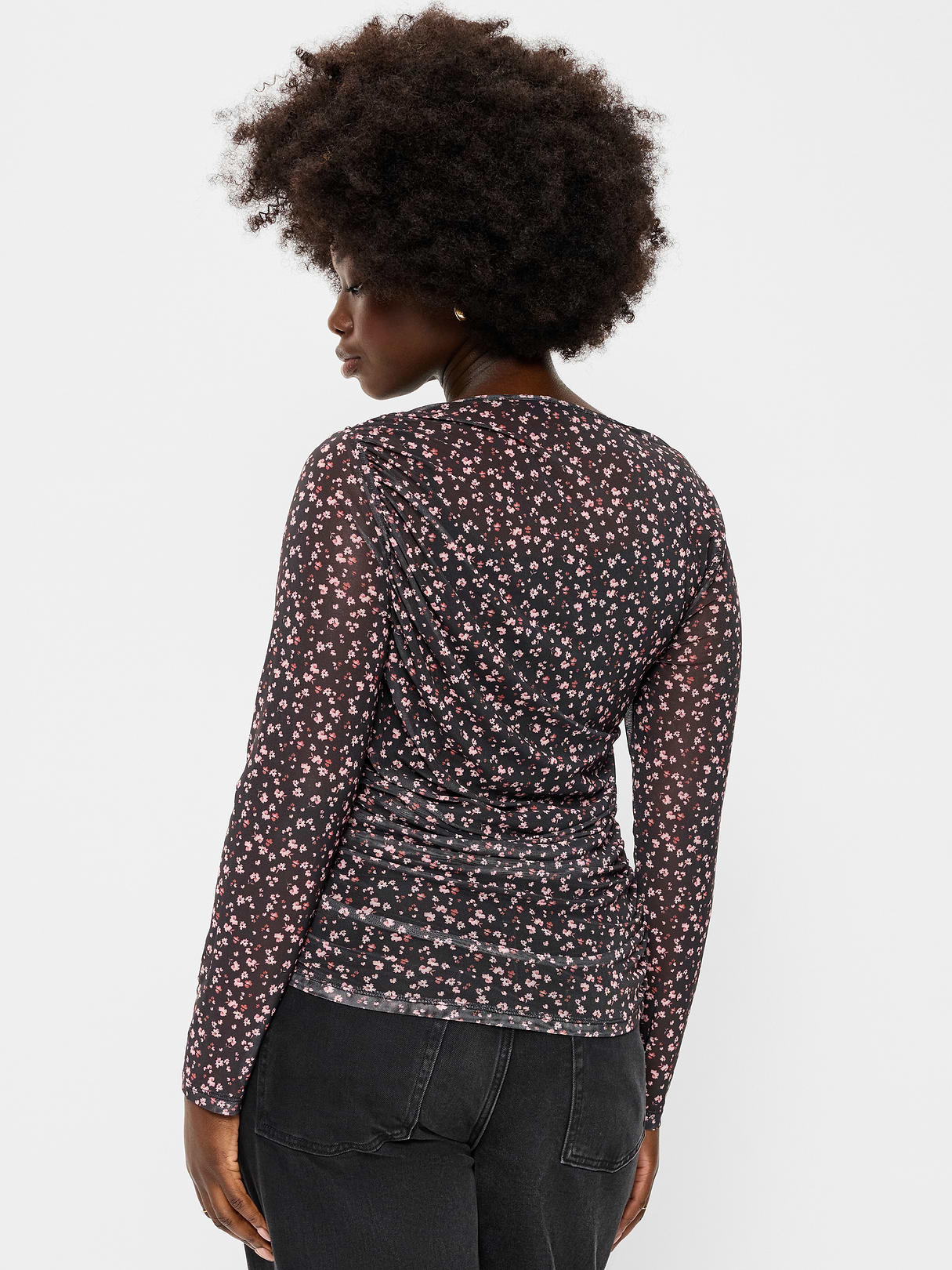 Long-Sleeve Asymmetrical Unlined Mesh Top - Multi-Floral Top