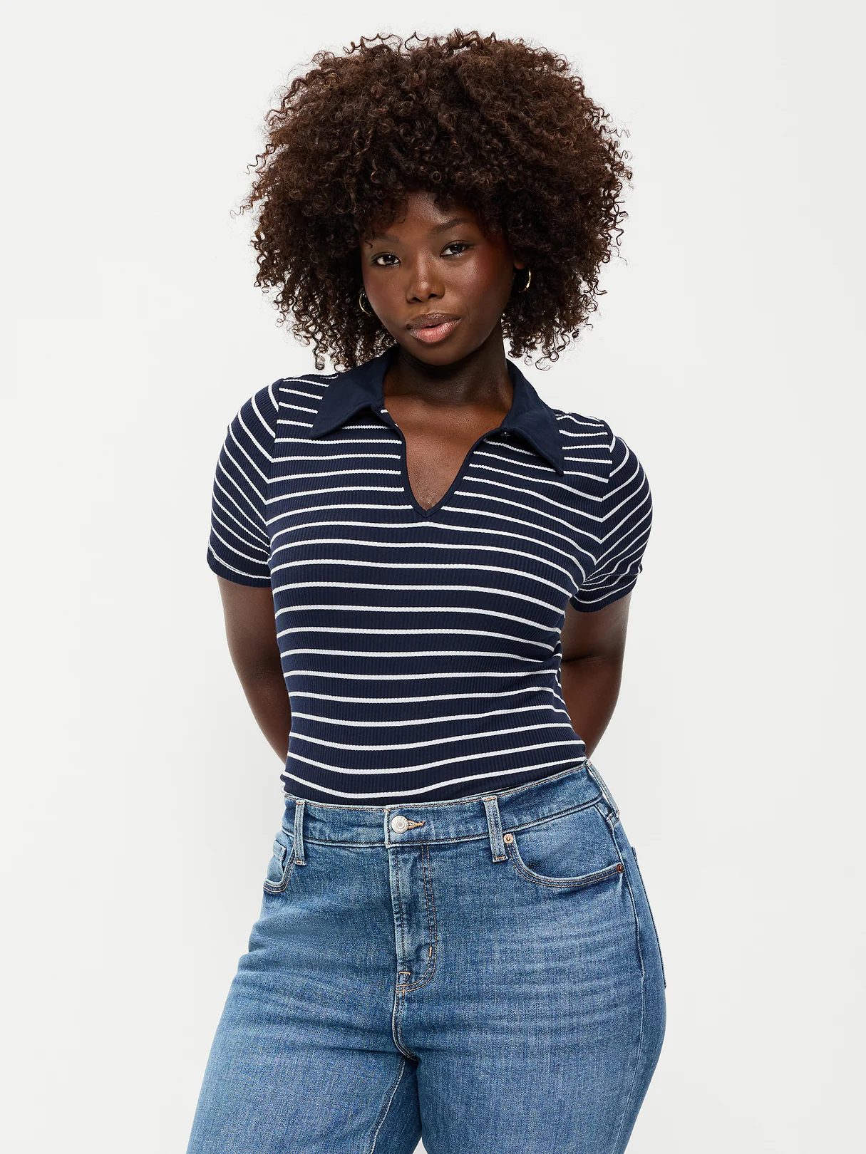 Keyhole Polo Top - White Stripe