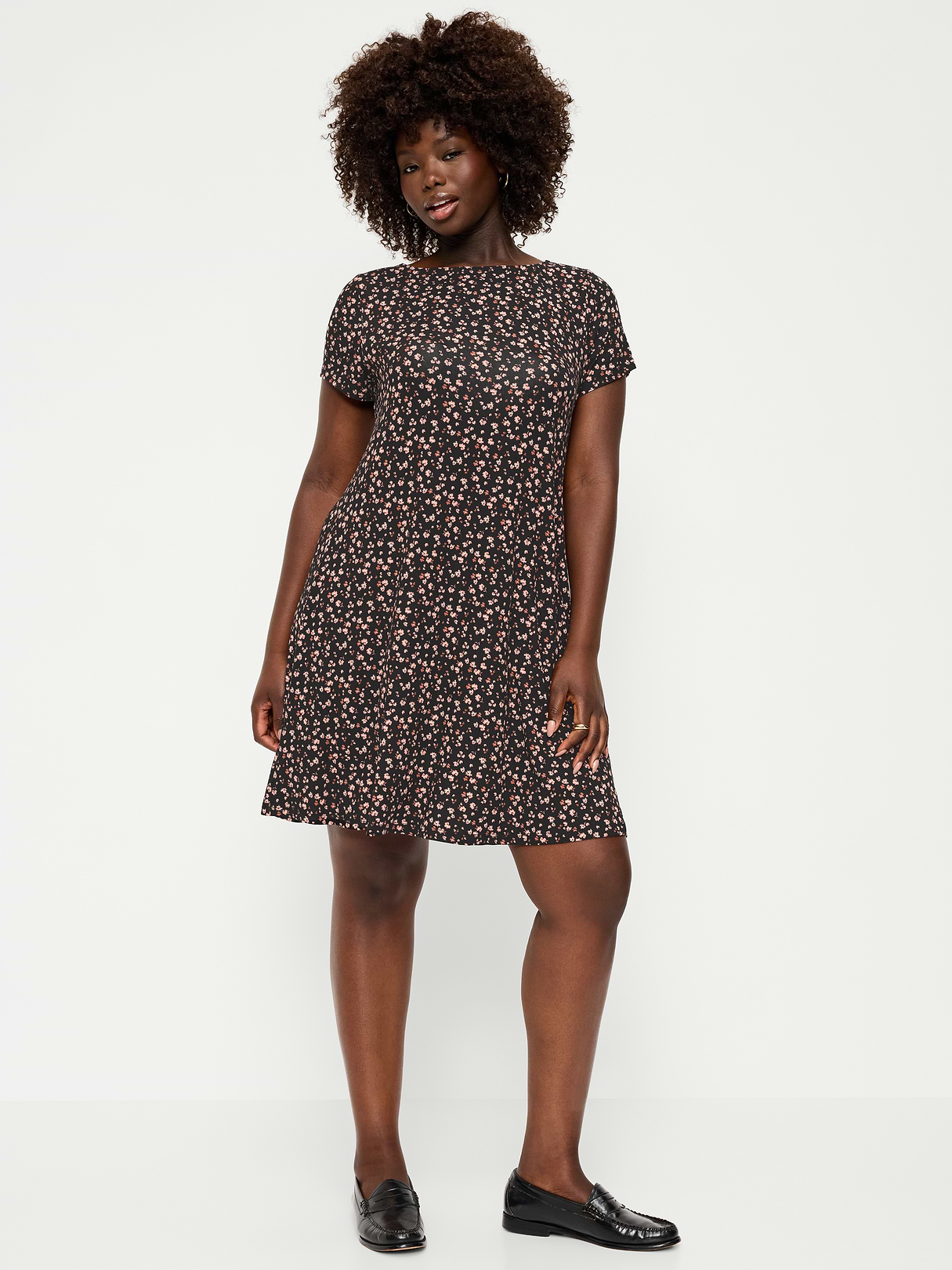 Short-Sleeve Mini Swing Dress - Black Ditsy Floral