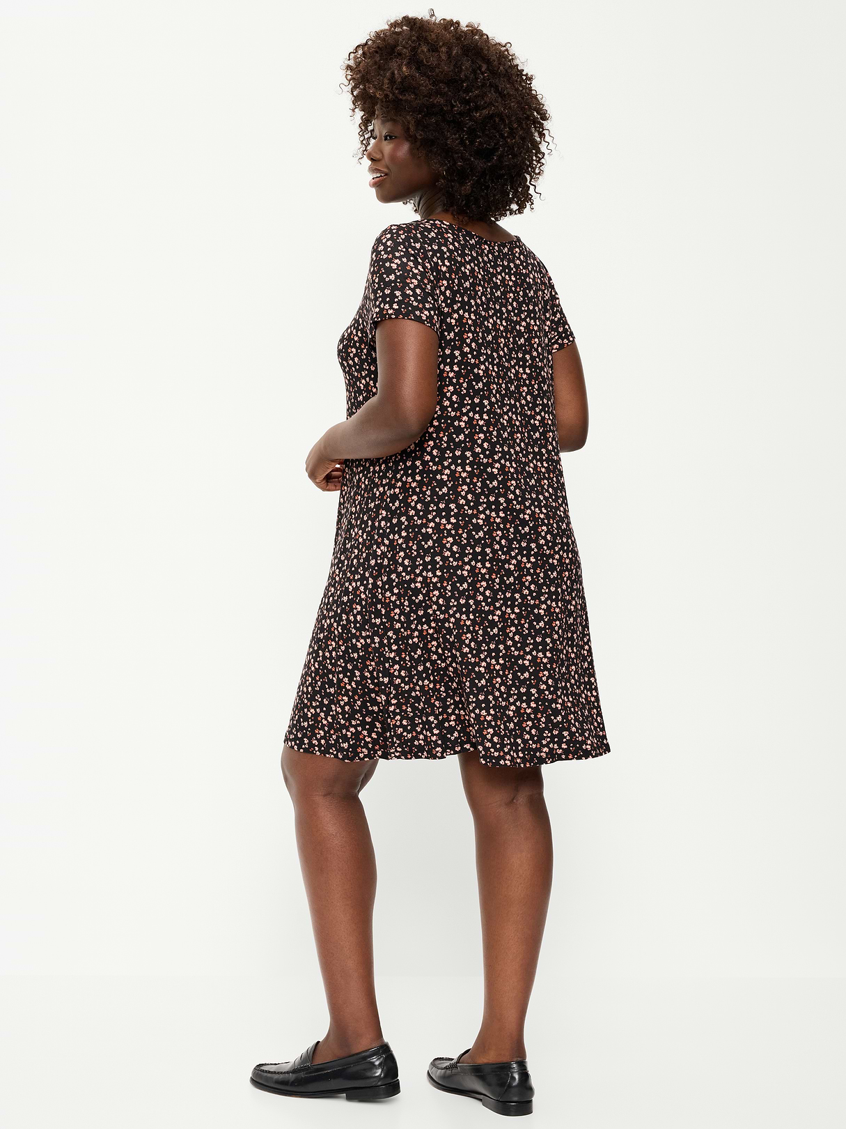 Short-Sleeve Mini Swing Dress - Black Ditsy Floral