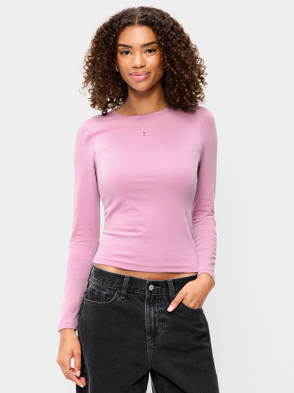 Hug Double-Layer Crew-Neck Long-Sleeve Top - Rose Dawn
