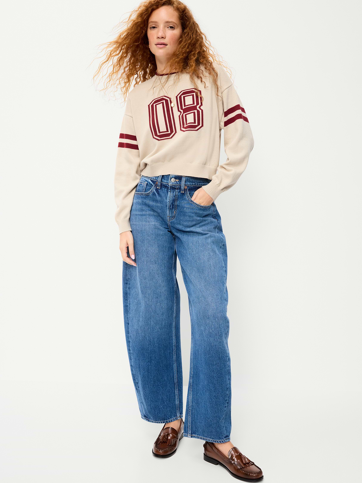 Cotton-Blend Crew-Neck Cropped Sweater - Letters/Numbers