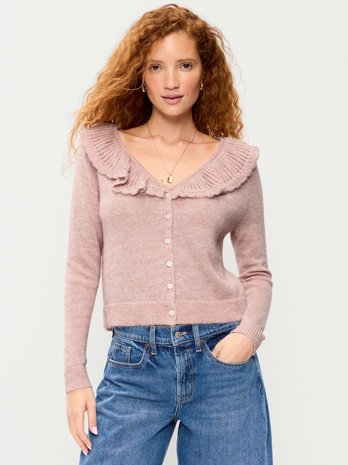Ruffle-Collar Wool-Blend Pointelle Cardigan - Powder Pink