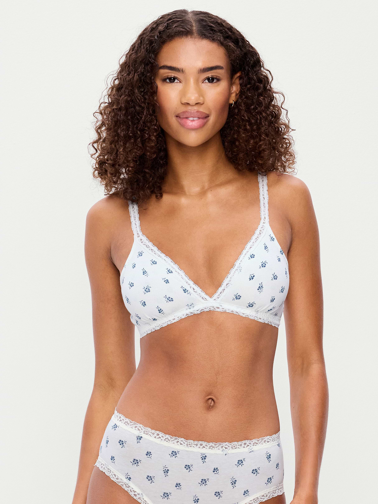 Lace-Trim Cotton Triangle Bralette - Blue Ditsy Floral