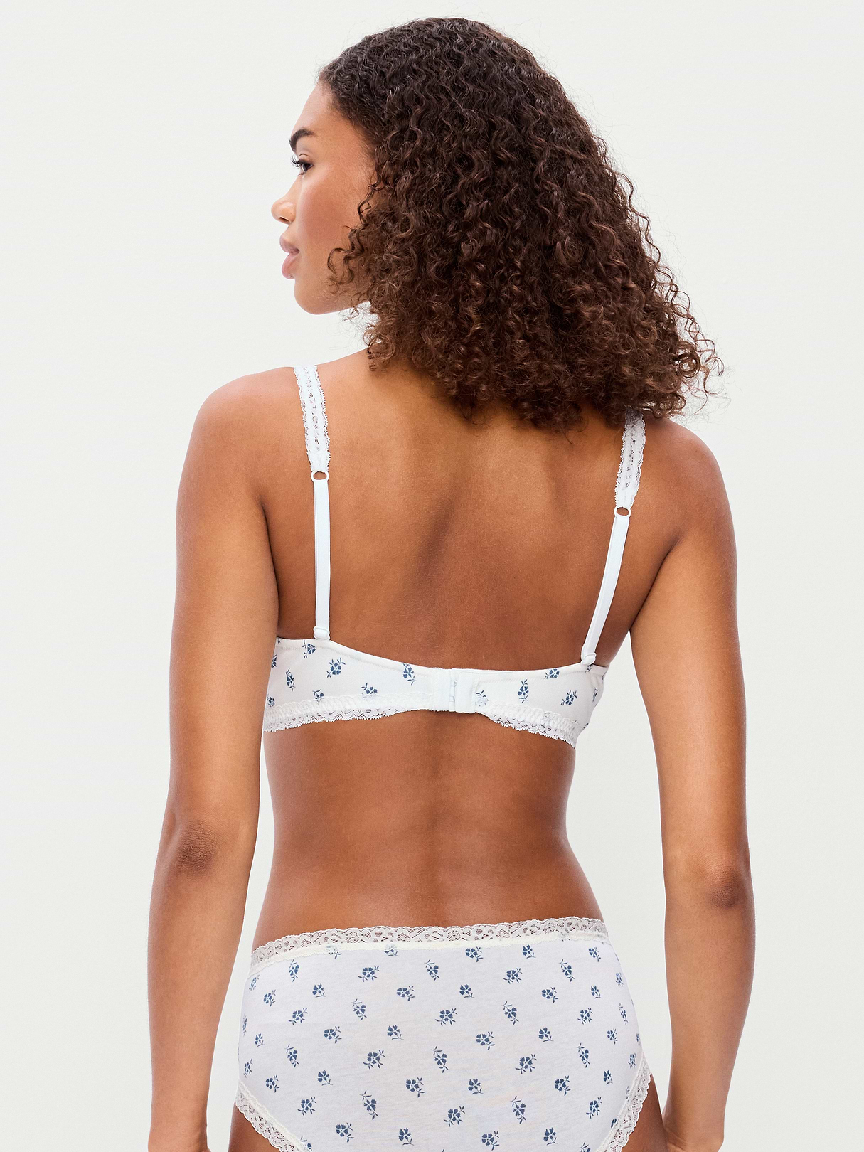 Lace-Trim Cotton Triangle Bralette - Blue Ditsy Floral