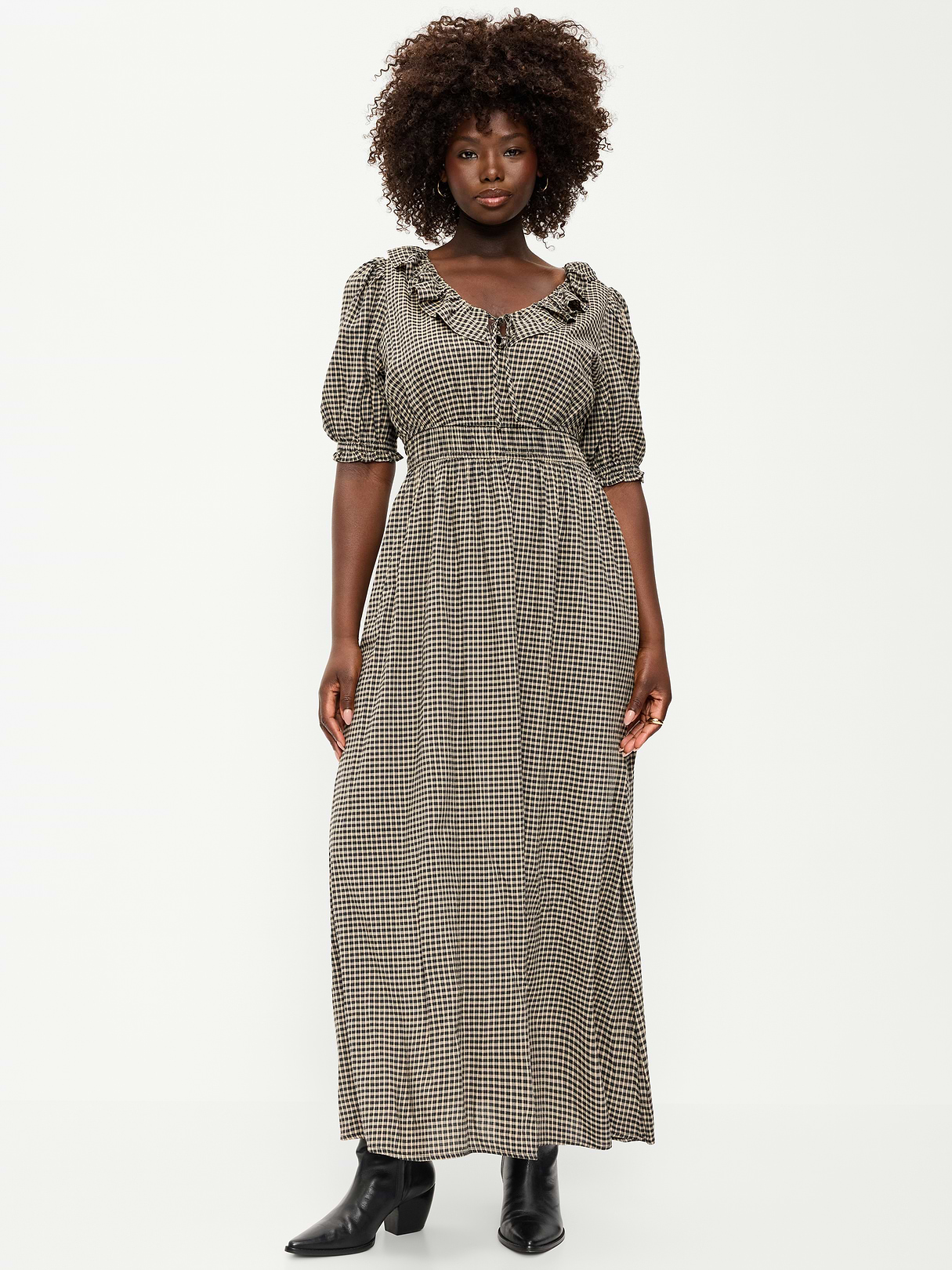 Ruffle-Collar Boho Maxi Dress - Small Black Plaid