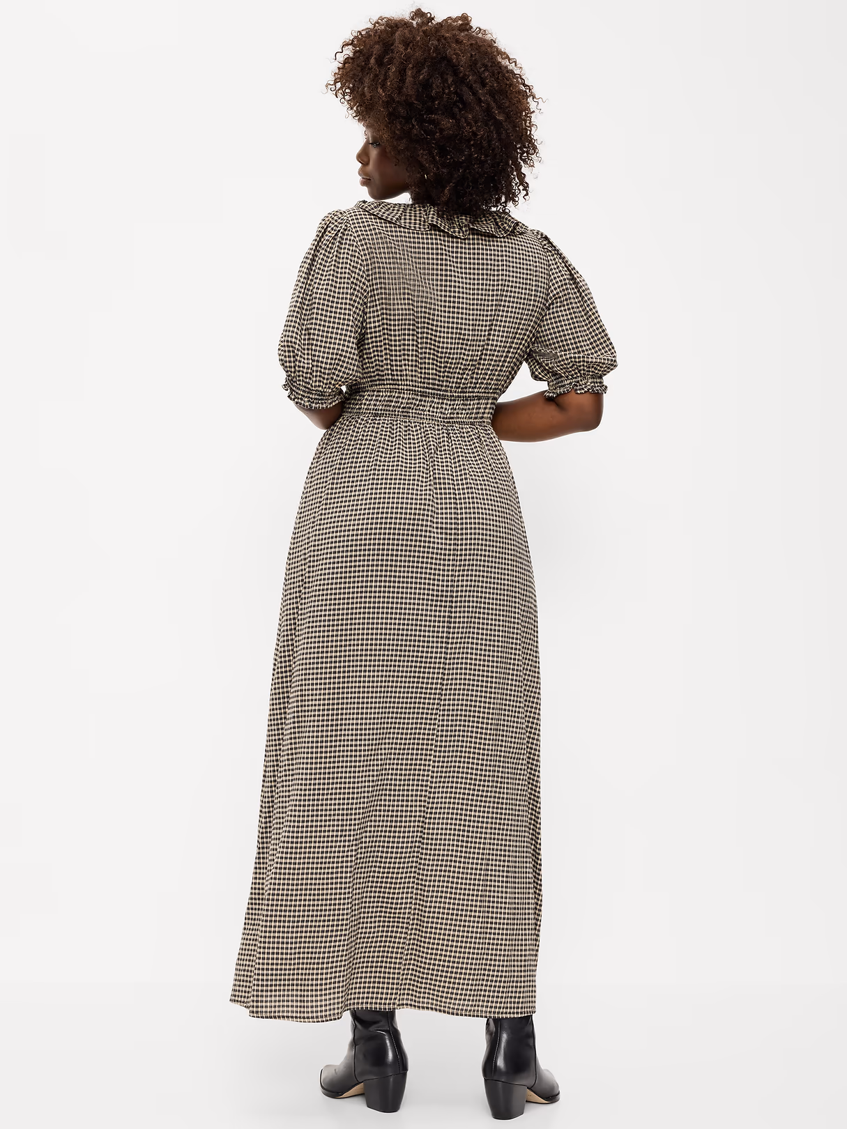 Ruffle-Collar Boho Maxi Dress - Small Black Plaid