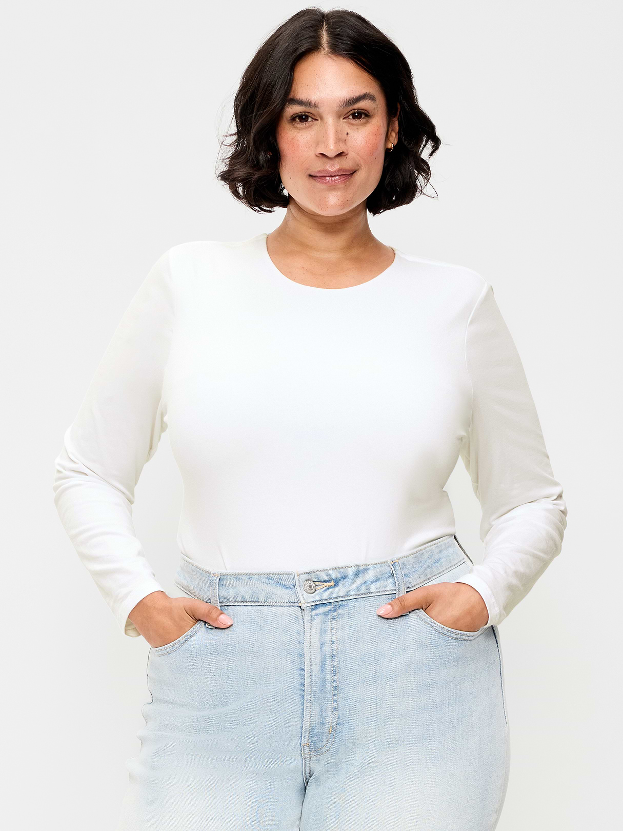 Hug Double-Layer Crew-Neck Long-Sleeve Top - White Lilies