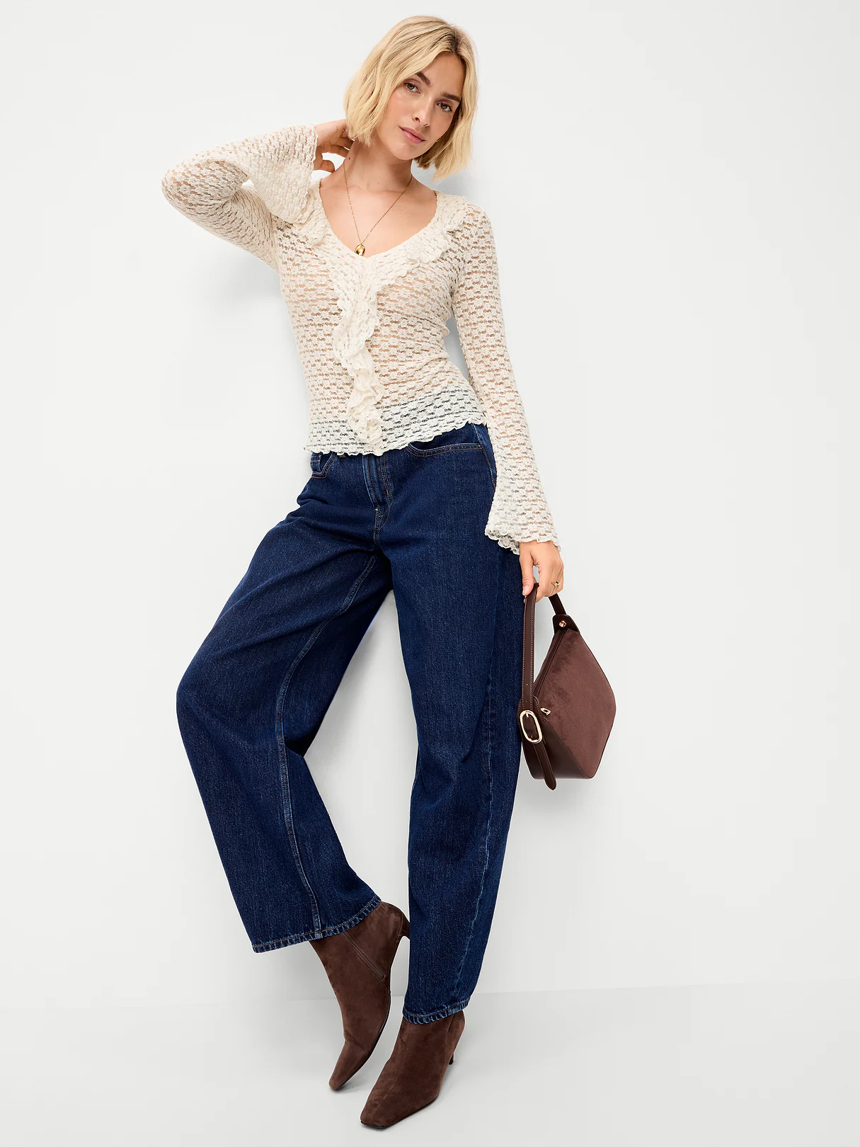 Fitted Bell-Sleeve Ruffle Top - Sea Salt